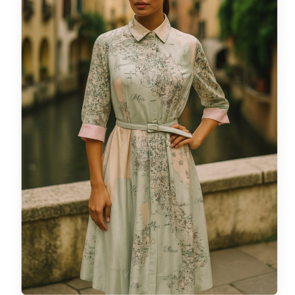 Rani Arabella Italian Map Silk Print Dress - Picture 1 of 11